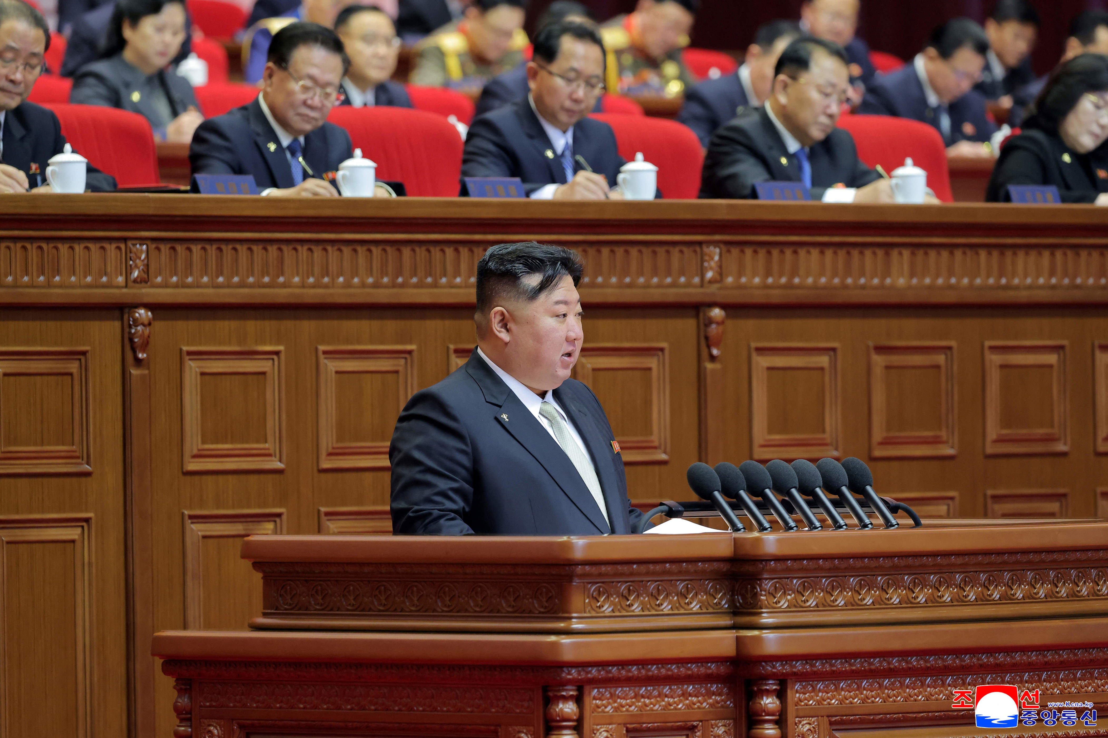 North Korean leader Kim Jong Un reporting on the review of the work of the eighth-term Party Central Committee during the Ninth Congress of the Workers' Party of Korea in Pyongyang (KCNA VIA KNS/AFP via Getty Image)