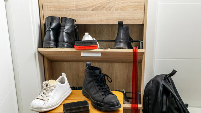 Turn an old shoe rack into useful outdoor shed storage