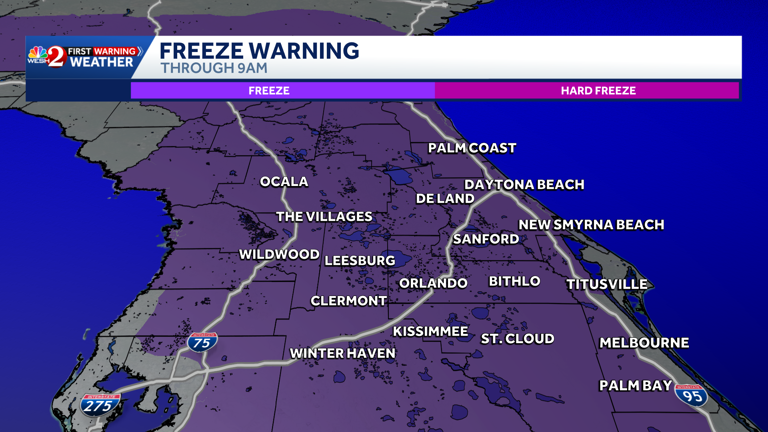 Freeze warning in place for Central Florida; fire danger remains elevated