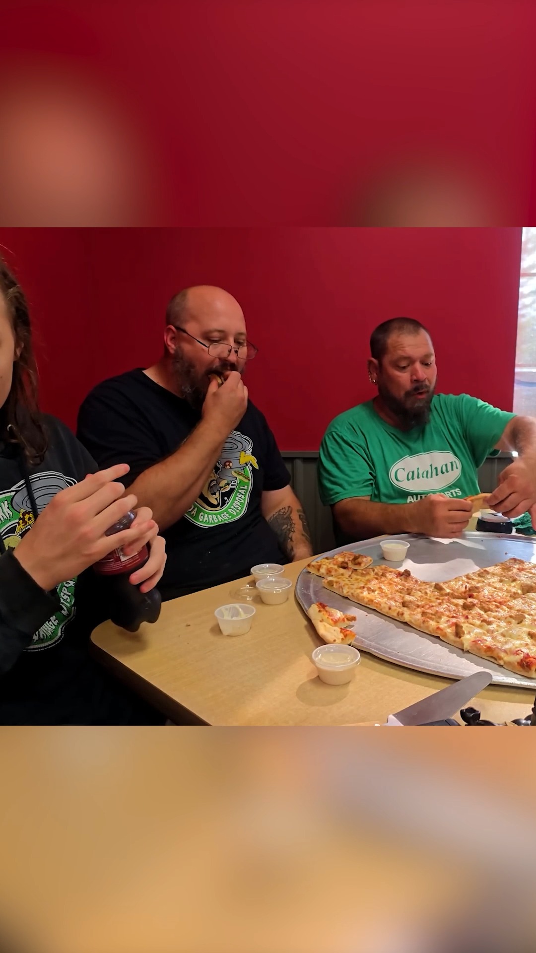 Can 3 people destroy this giant pizza?