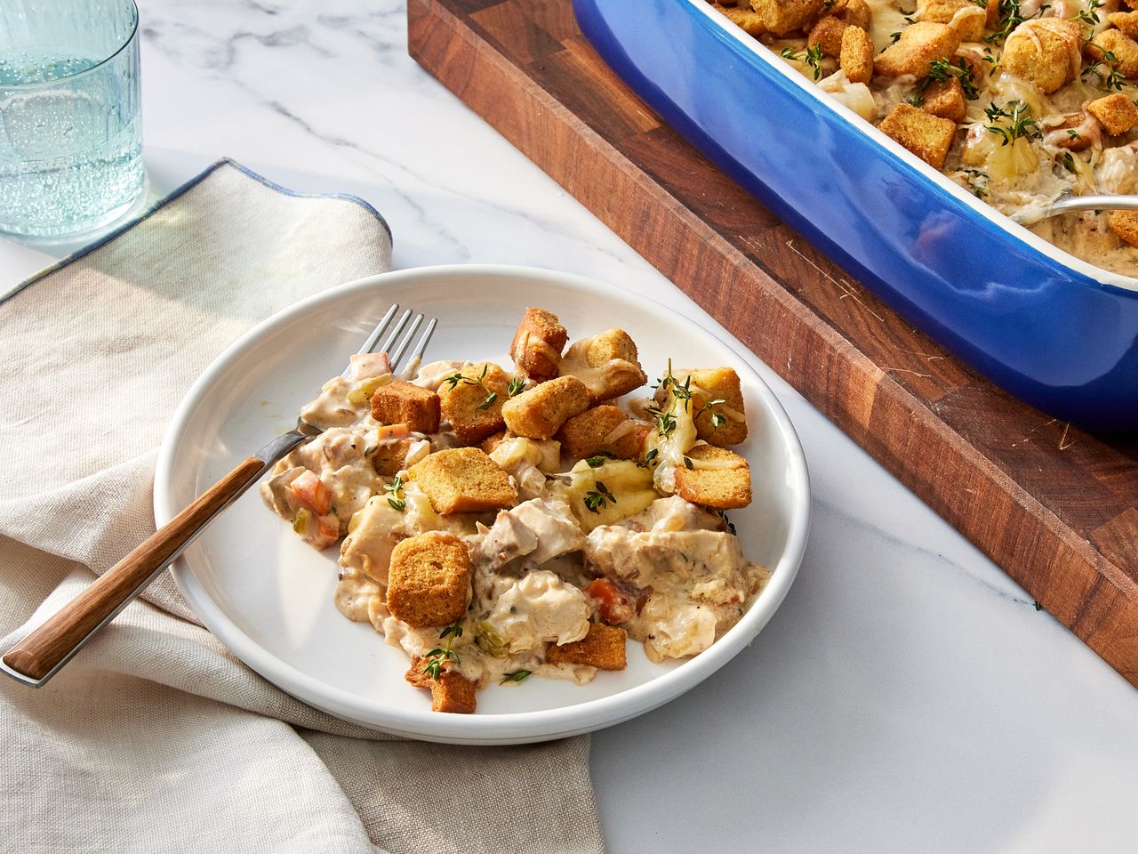 French Onion Chicken Casserole on a plate with a fork