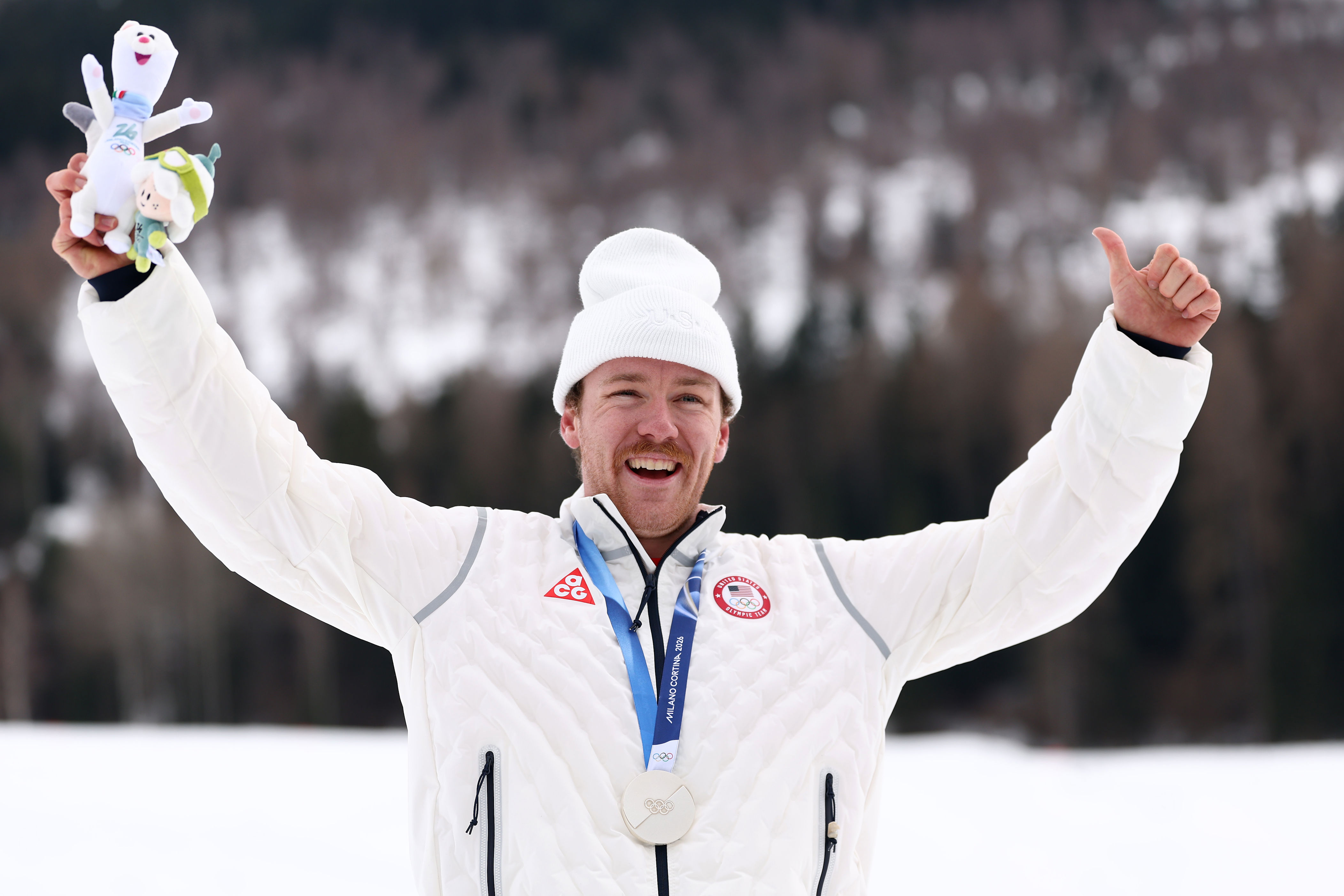 Team USA's silver-medalist Ben Ogden did a backflip on the Olympic podium