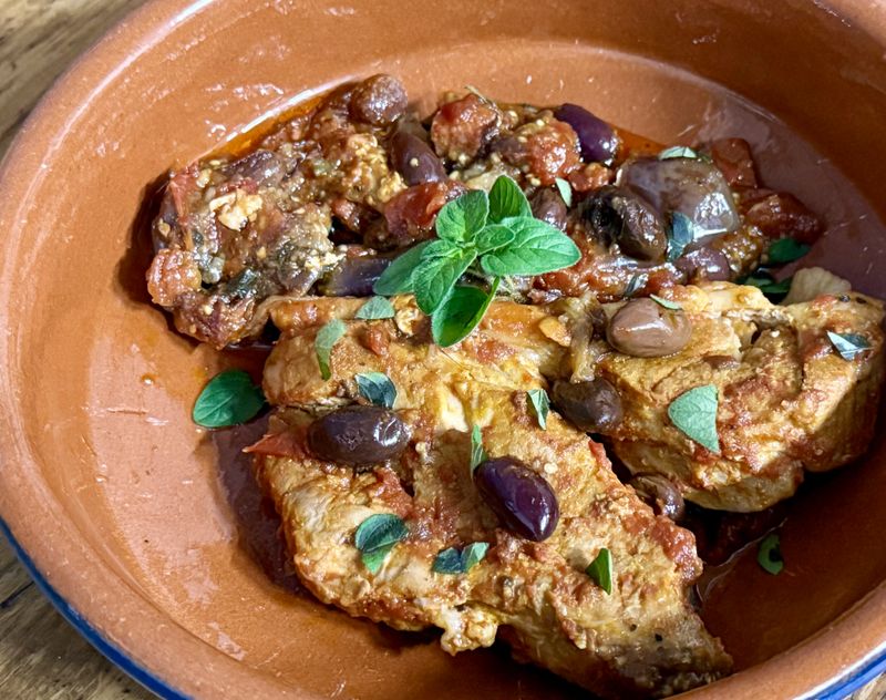 Pork rump steaks with chorizo and olives