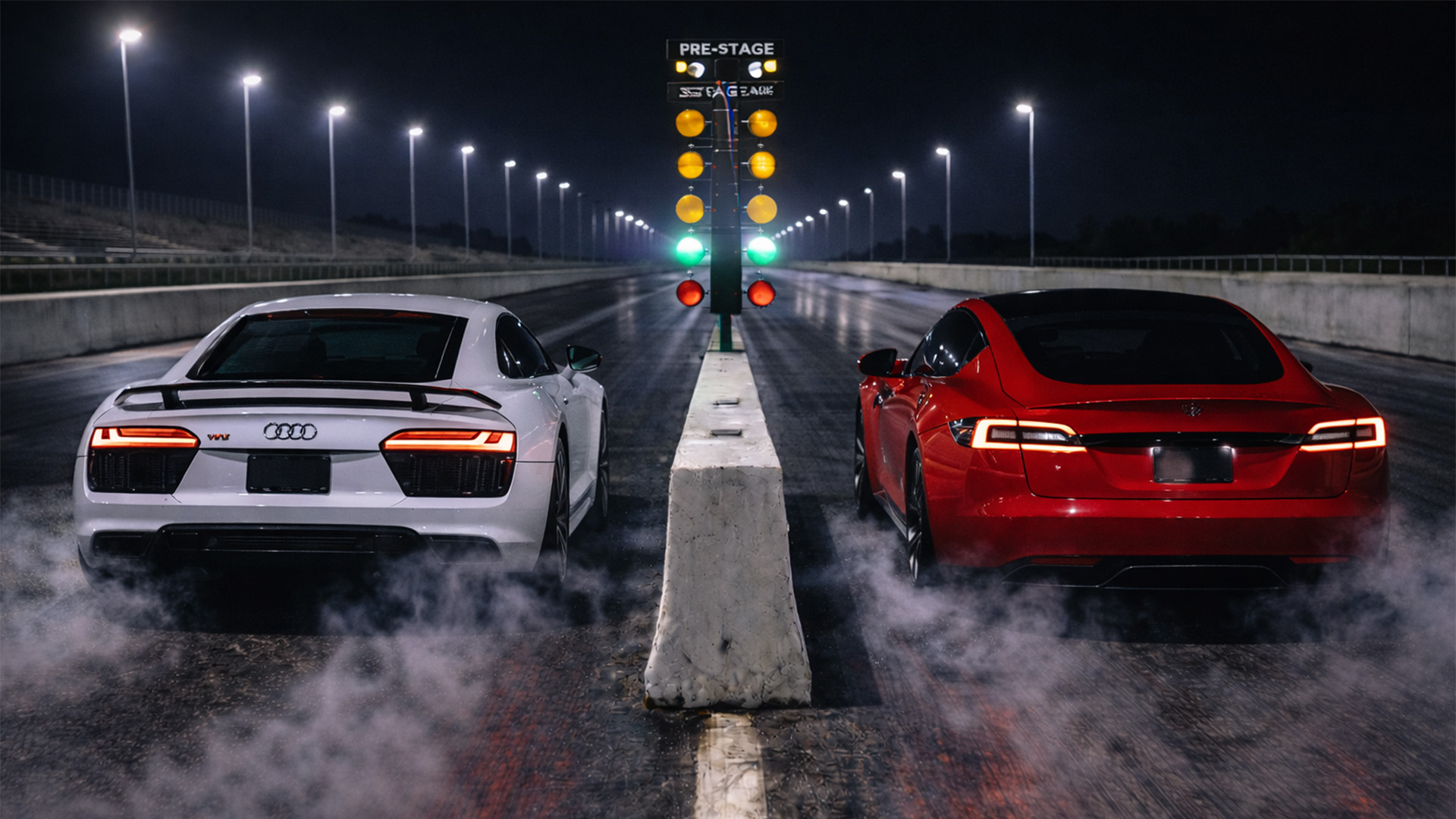 Tesla Model S Raven vs Audi R8 V10 Plus drag race