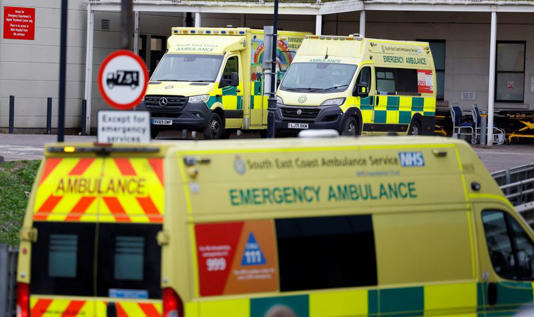 Ambulances are seen parked outside an Emergency department in Brighton, Britain, January 8, 2025. REUTERS/Peter Cziborra