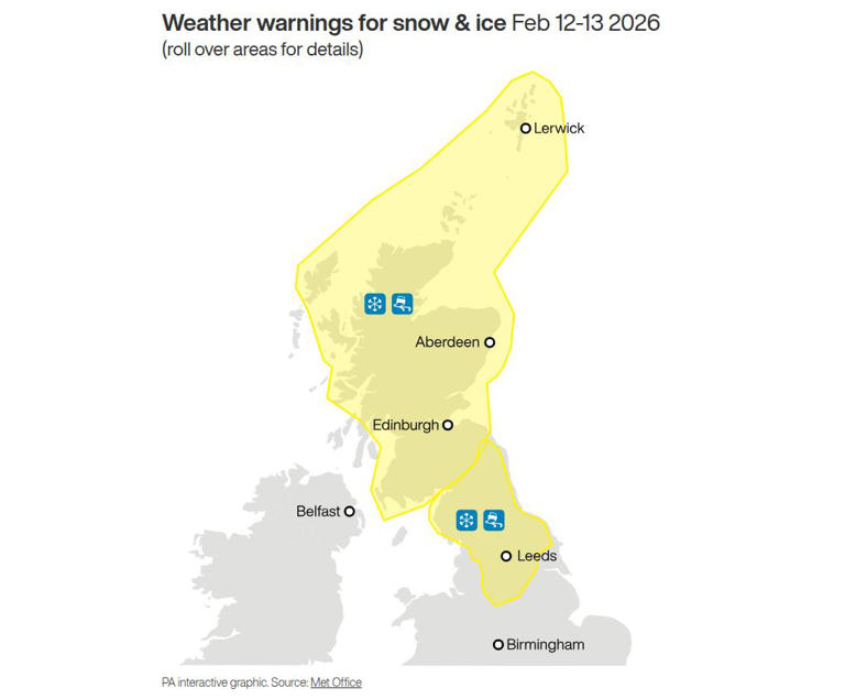 Yellow warning for snow and ice in force as Arctic air freezes Britain