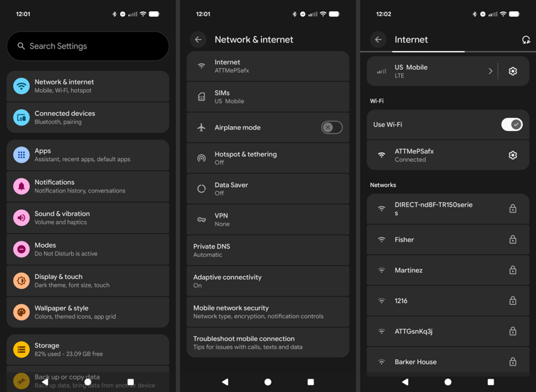 Android settings showing network and internet options and available Wi-Fi networks