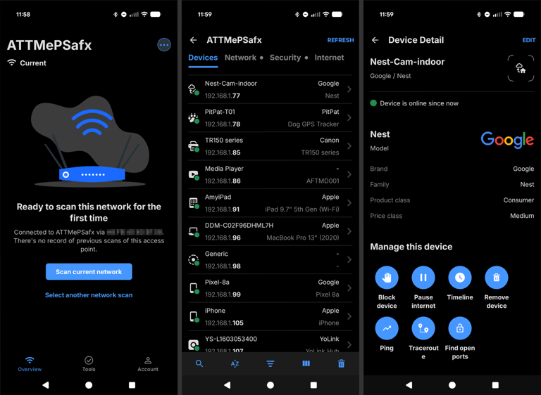 Screenshots showing the Fing network scanning app interface with details of connected devices and device management options
