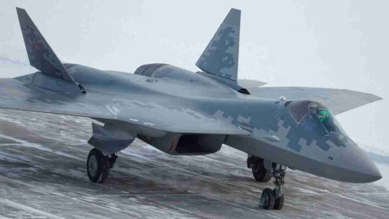 A Russian Su-57 fighter jet parked on the tarmac during an air show in Egypt.
