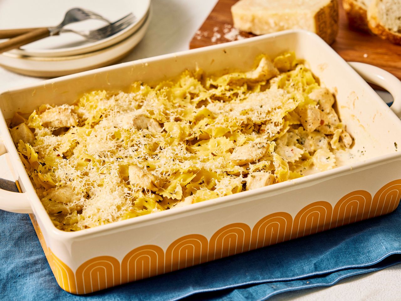 Baked creamy pasta with chicken in a rectangular casserole dish