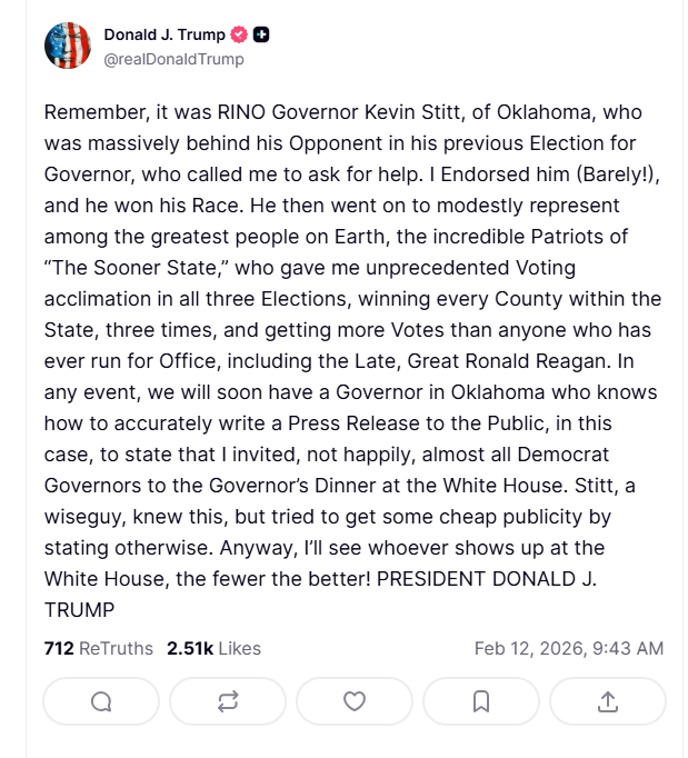 Tensions rise as President Donald Trump criticizes Gov. Kevin Stitt on ...