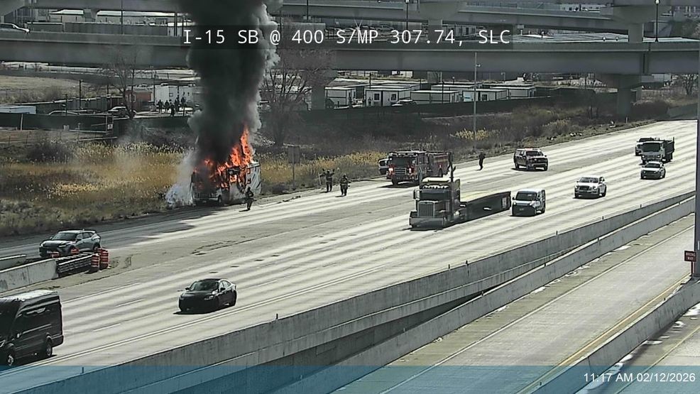 Firefighters respond to vehicle engulfed in flames on I-15 in Salt Lake