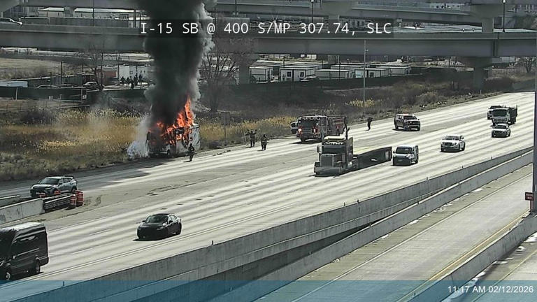 Firefighters respond to vehicle engulfed in flames on I-15 in Salt Lake