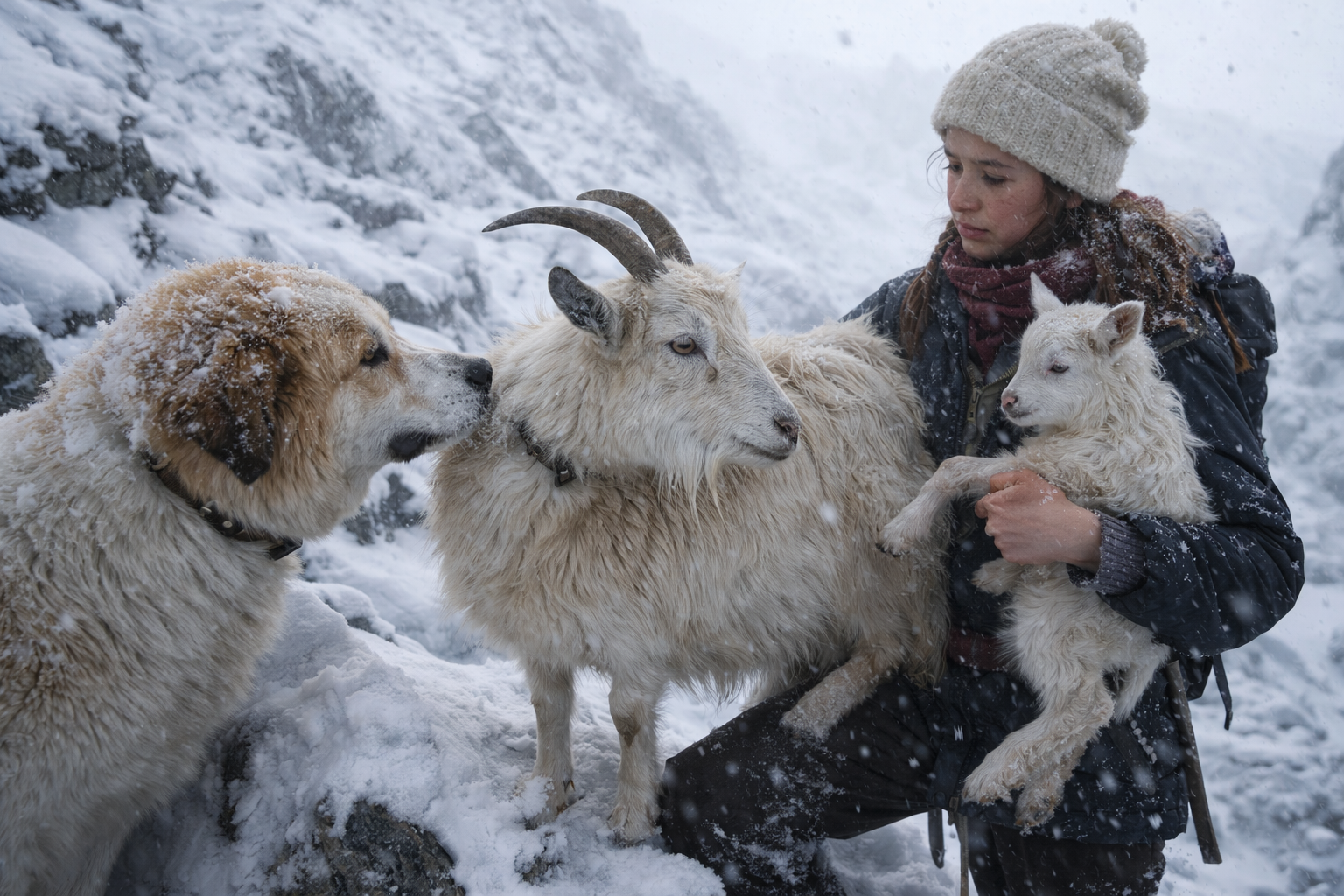 Sulla montagna ghiacciata, pastorella e cane salvano capra e capretto
