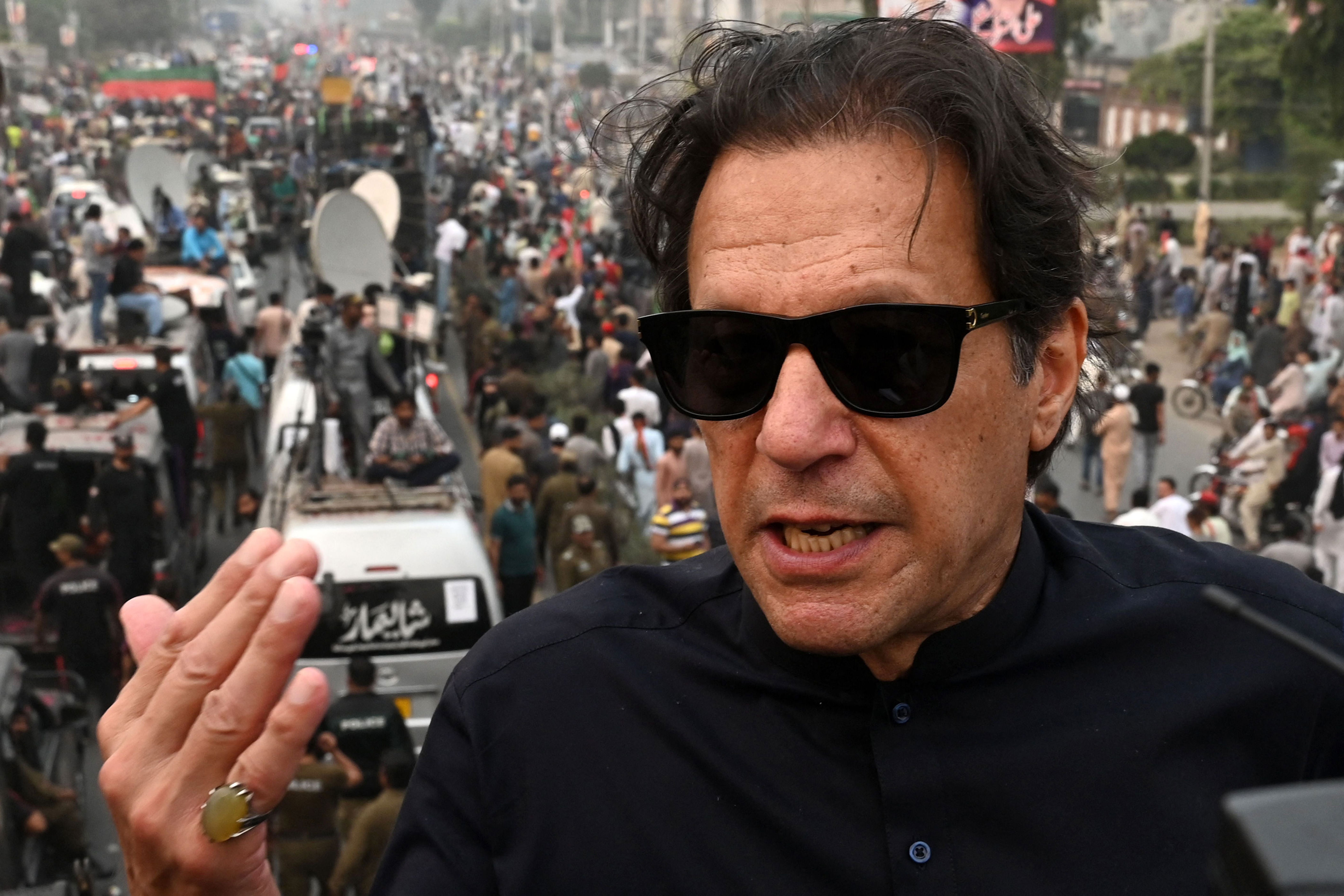 In this photograph taken on 1 November 2022, Pakistan's former prime minister Imran Khan speaks while taking part in an anti-government march in Gujranwala (AFP via Getty Images)