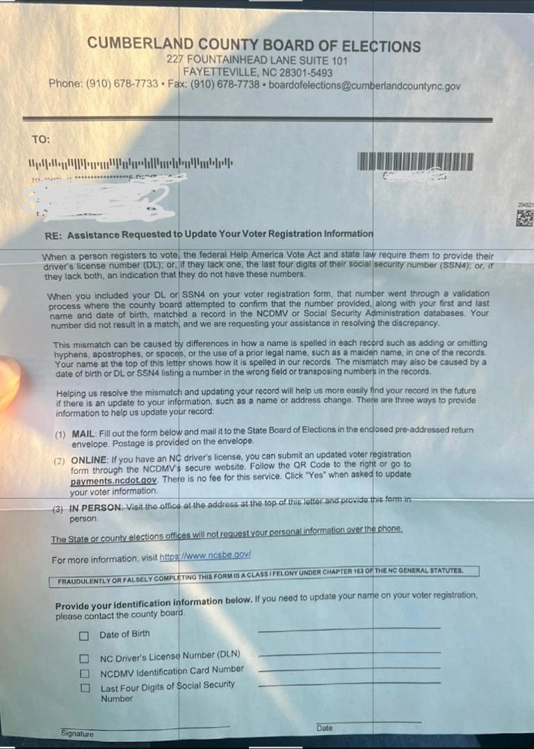 NC voter‑verification letters could confuse Cumberland residents | Opinion