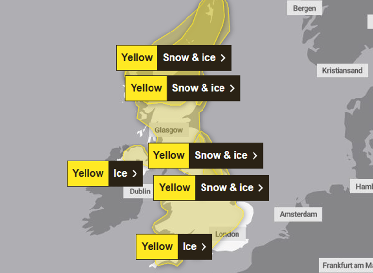 Snow and ice warnings cover nearly all of UK including London