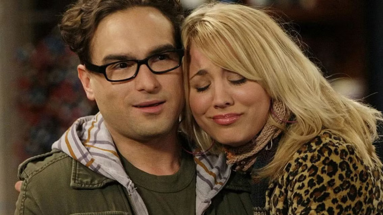 Penny closes her eyes and gives a happy Leonard a hug on "The Big Bang Theory" (2007-2019)