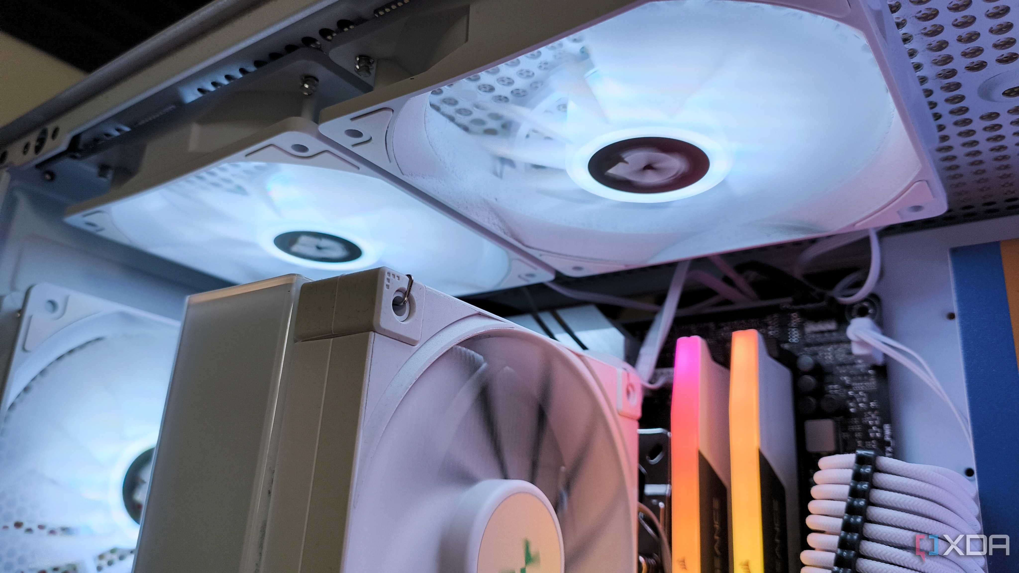 Close up of the top ARGB case fans inside an NZXT H5 Flow Starfield gaming PC case