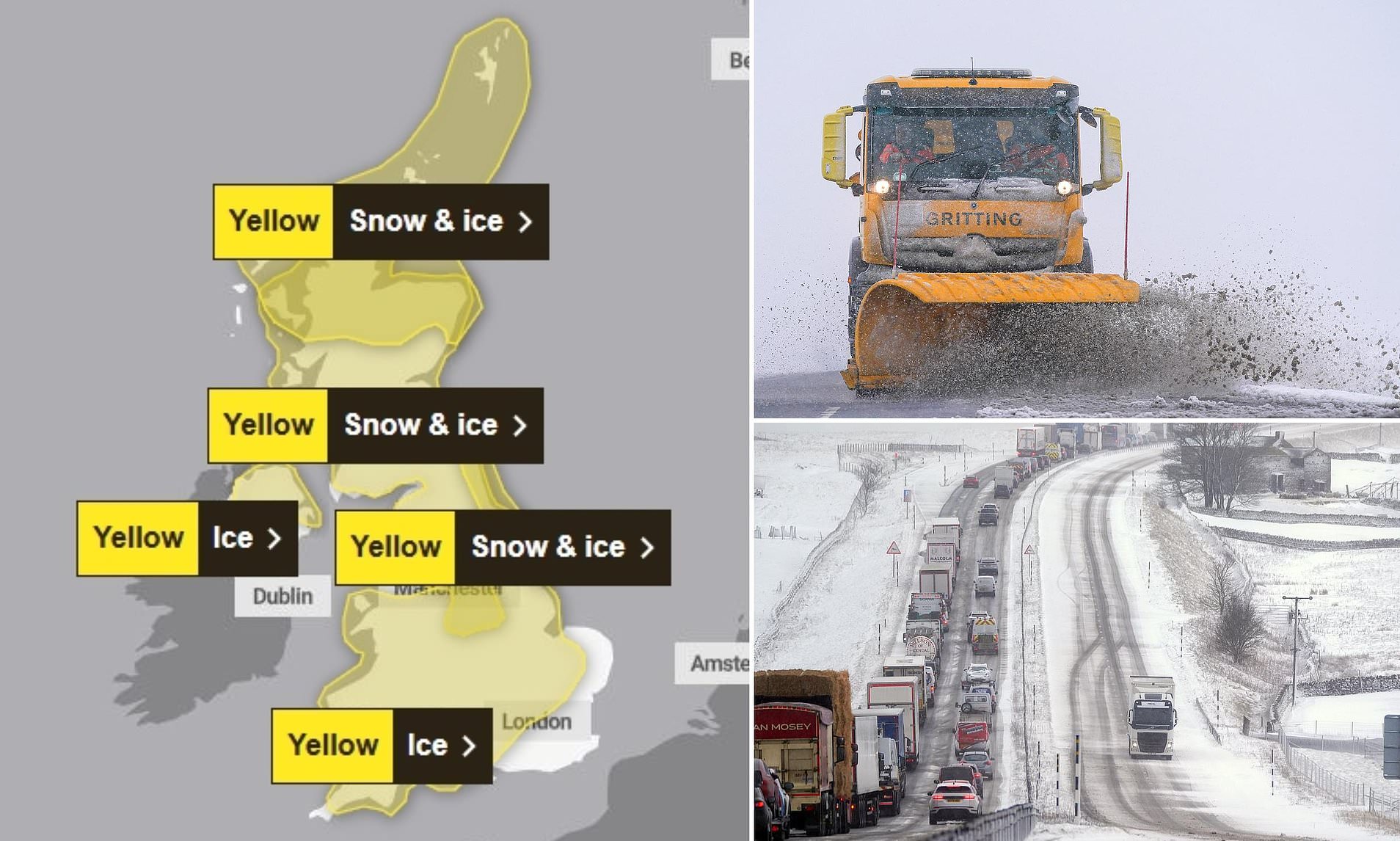Met Office warns up to six inches of snow could fall tonight as deep freeze hits Britain<br>