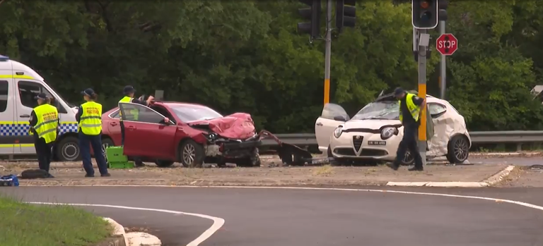 The allegedly stolen car crashed into an Alfa Romeo on the Old Hume Highway in Camden South.