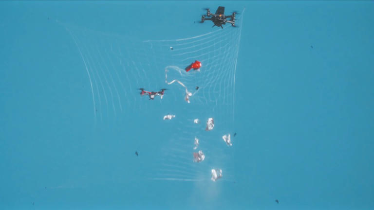 The Iron Drone technology has small racer drones that will shoot a net at a hostile drone. Ondas Autonomous Systems
