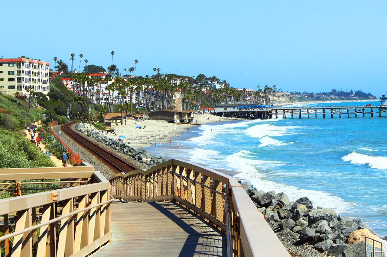 Beachfront boardwalk and railway near San Clemente California