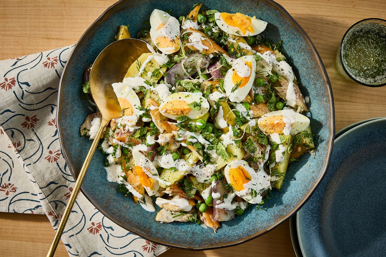 Smoked Trout Potato Salad in a large blue bowl to serve