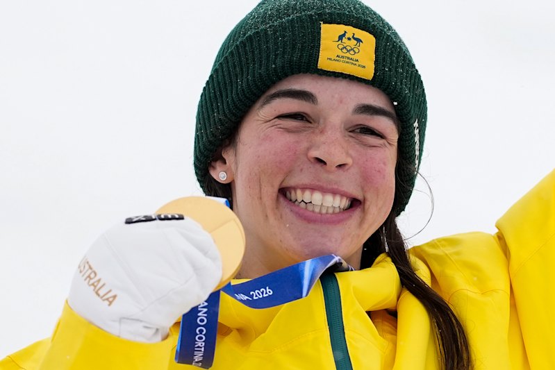 Jakara Anthony celebrates after taking out gold in the women’s dual moguls.