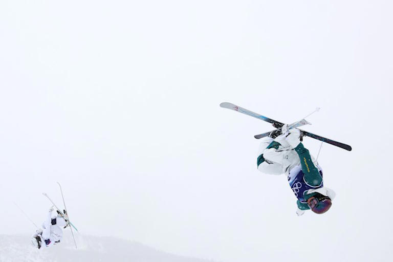 Jakara Anthony (right) and Jaelin Kauf of the United States compete in the women’s dual moguls final.