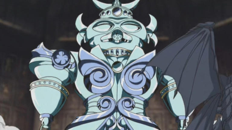 Orichalcos Shunoros standing in front of a dragon in Yu-Gi-Oh!