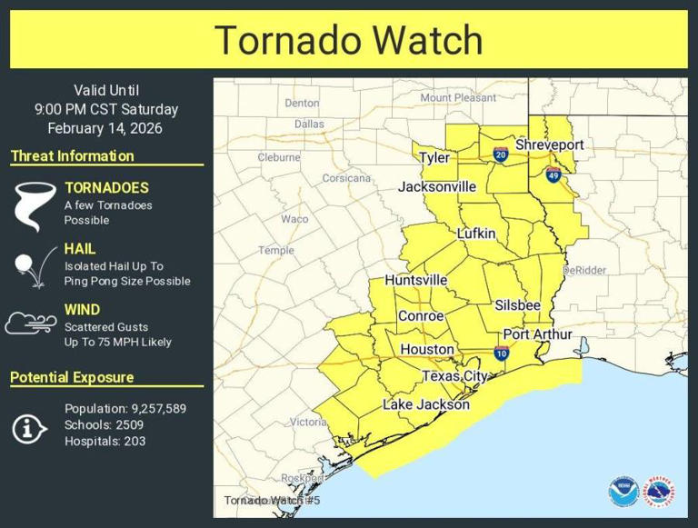 Tornado warning issued for parts of East Texas on Valentine’s Day