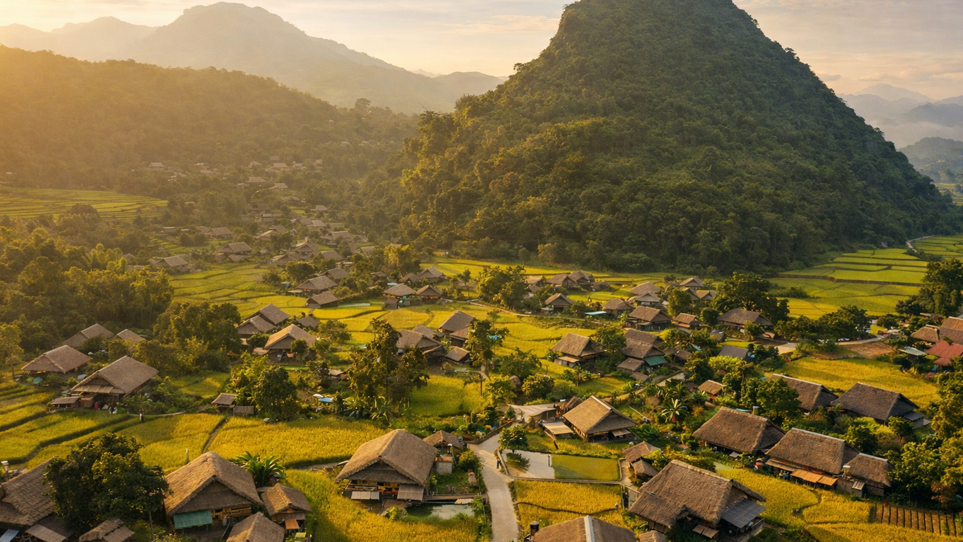 Ha Giang village golden rice fields beneath northern mountains