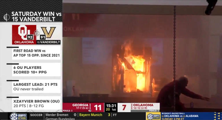Popcorn machine catches fire, causes delay in scary Oklahoma-Georgia scene