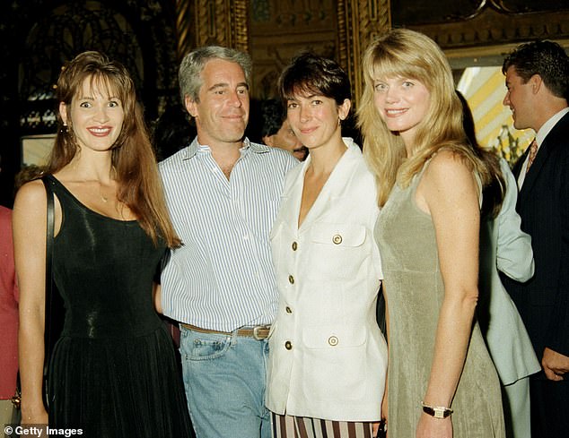 Deborah Blohm, Jeffrey Epstein, Ghislaine Maxwell and Gwendolyn Beck at a party at the Mar-a-Lago club, Palm Beach, Florida, in 1995