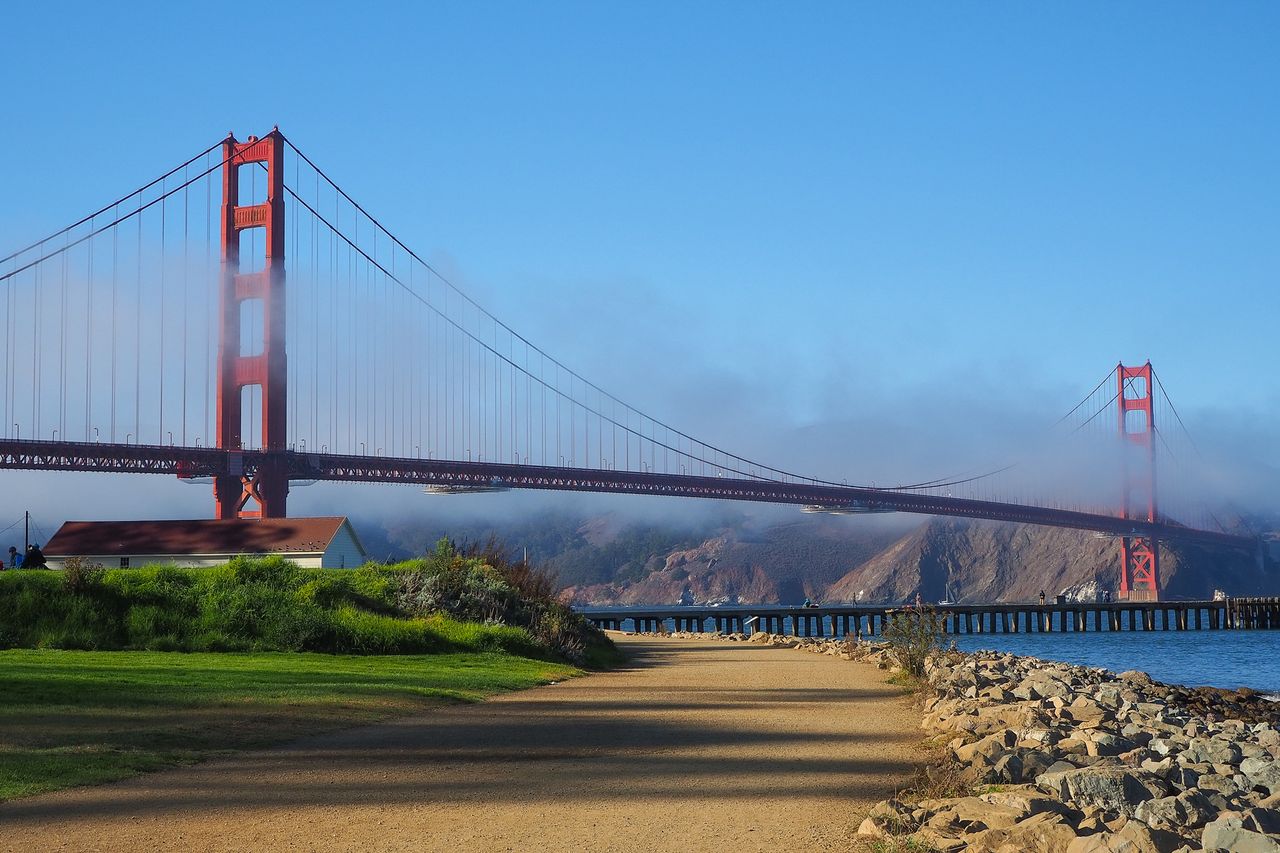 Golden Gate Bridge with surrounding landscape and fog