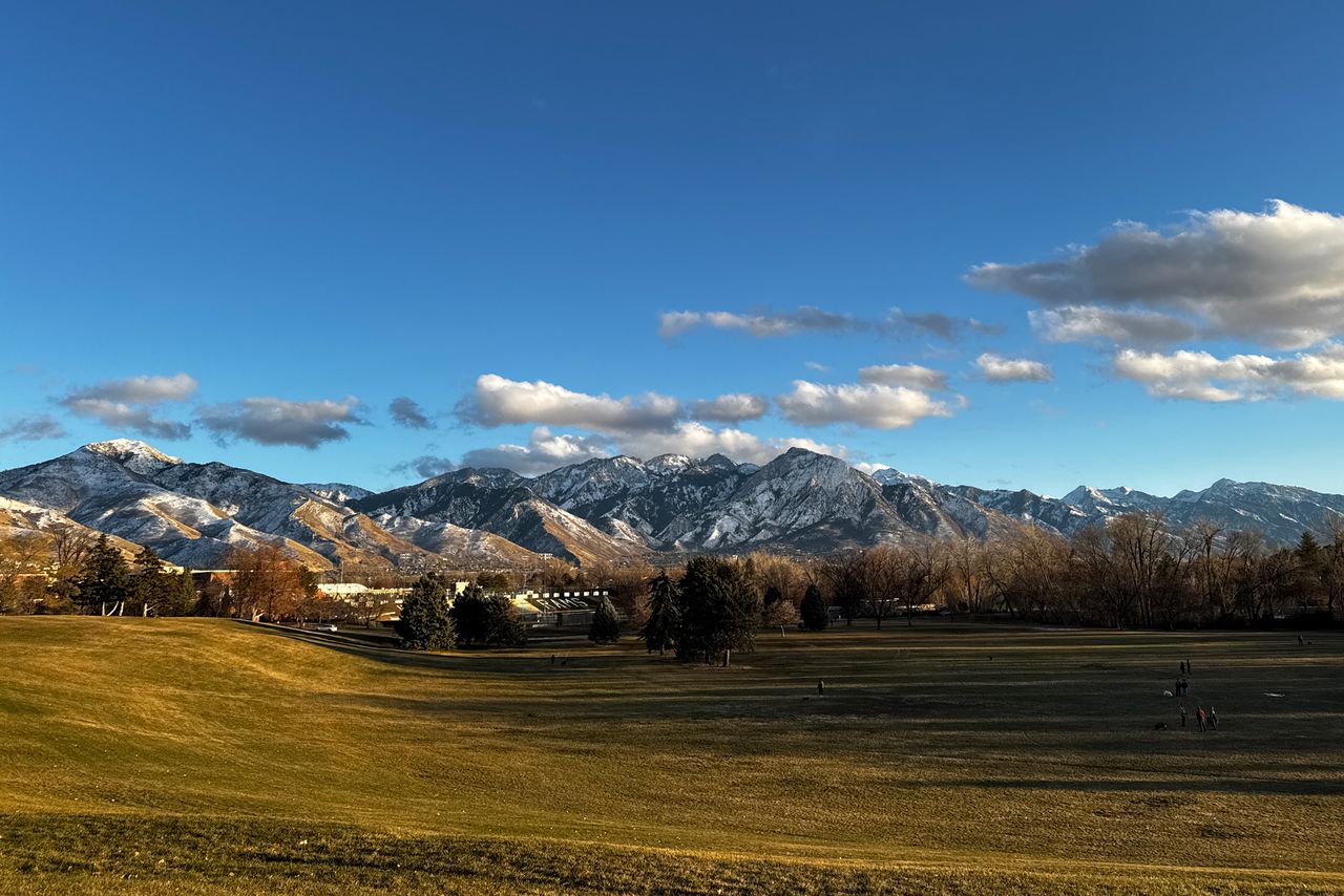 A scenic view of a large grassy park with trees mountains in the distance and a few scattered clouds in the sky