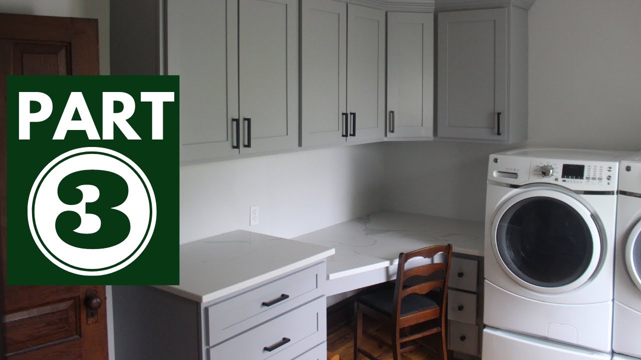 Finish a laundry room with custom cabinets and lighting upgrades