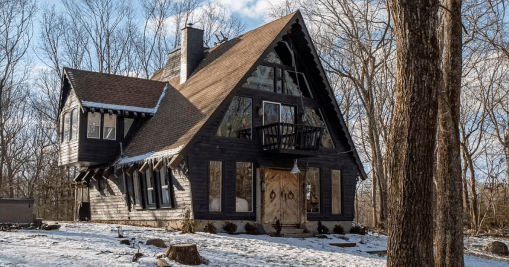 Striking A-frame Airbnb in North Kingstown, RI, designed as a local dupe for a traditional Swiss Alpine lodge.