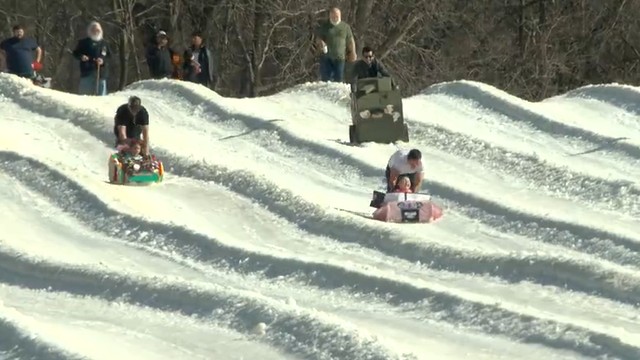 They’re off! Dozens of cardboard sleds race down snowy hill