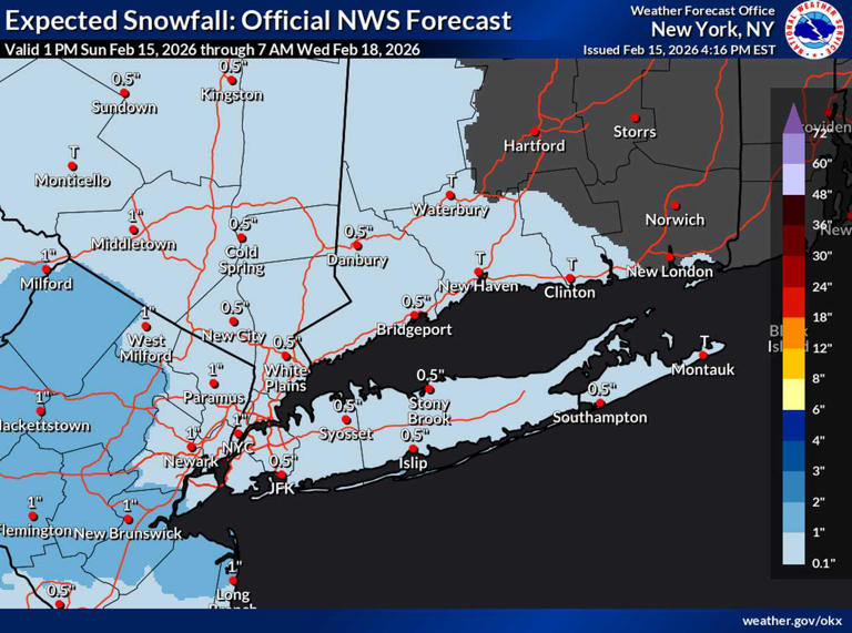 NWS map shows storm snowfall predictions in NY, NJ, CT