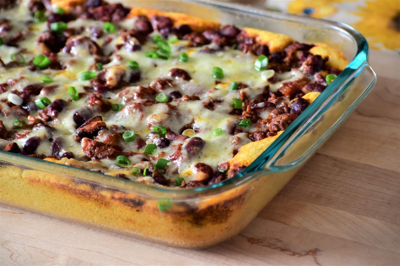 Easy Chili Cornbread Bake in a glass pan