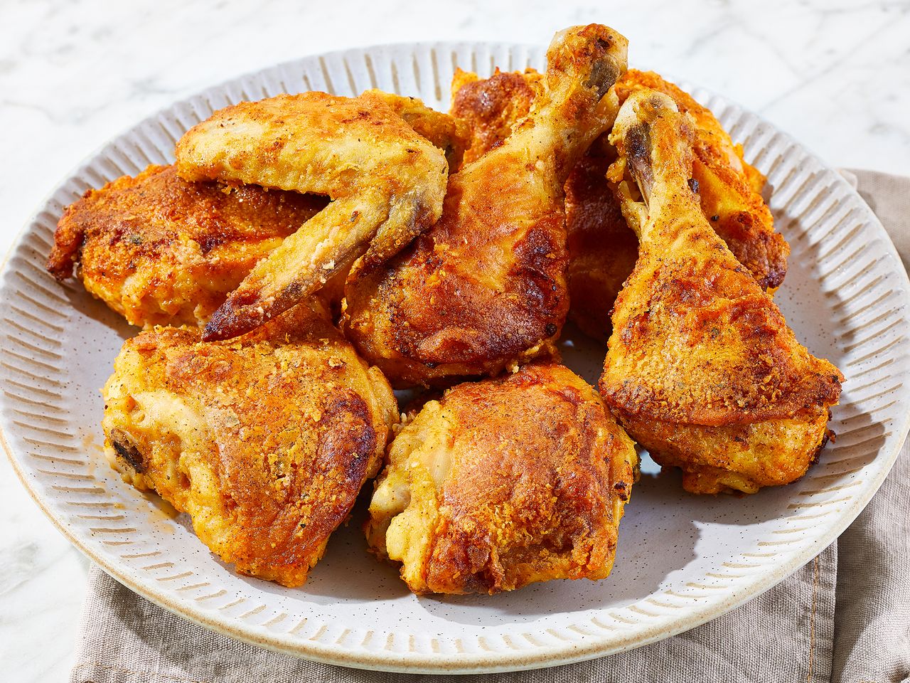 high angle looking at a plate of shake and bake chicken