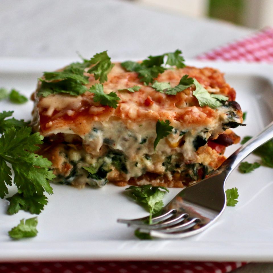 Vegetarian Mexican Lasagna on a white plate