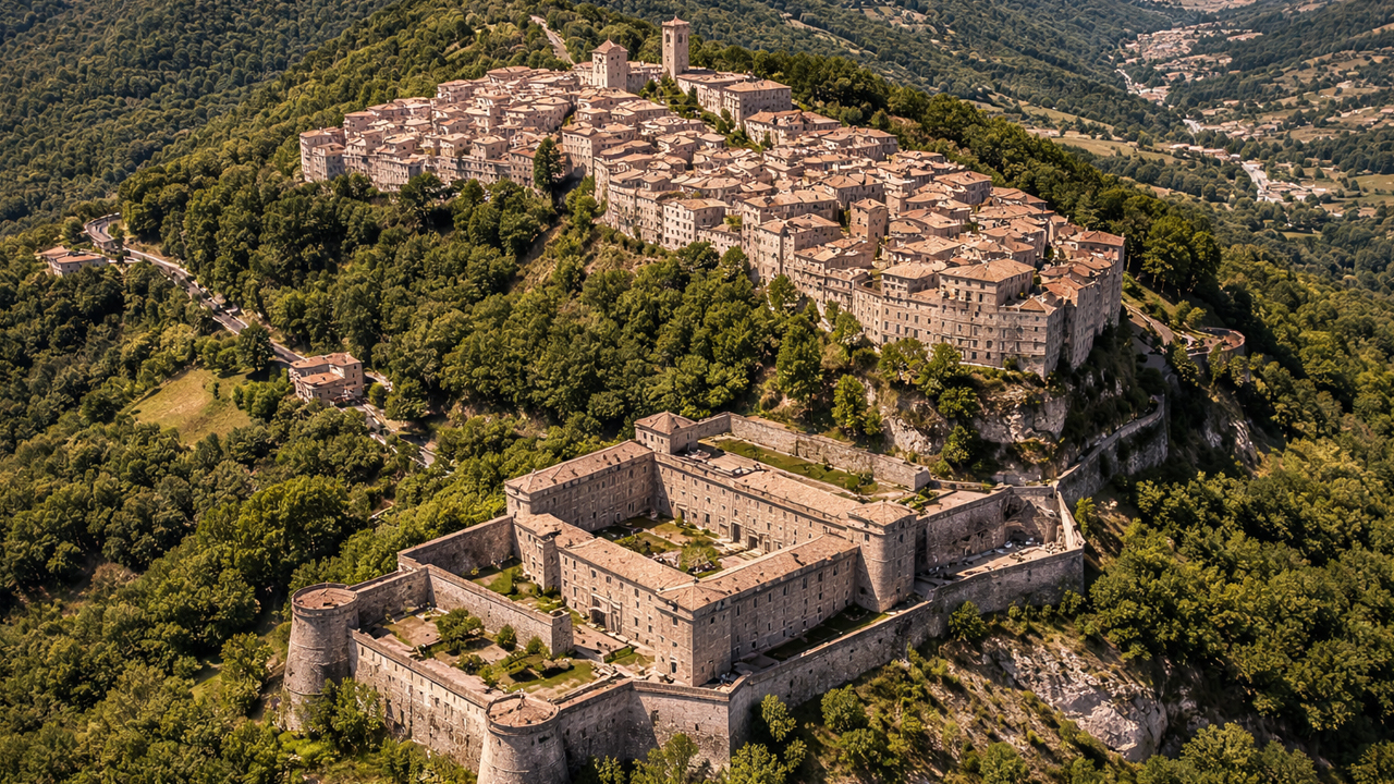Hilltop Italian town and historic fortress from above