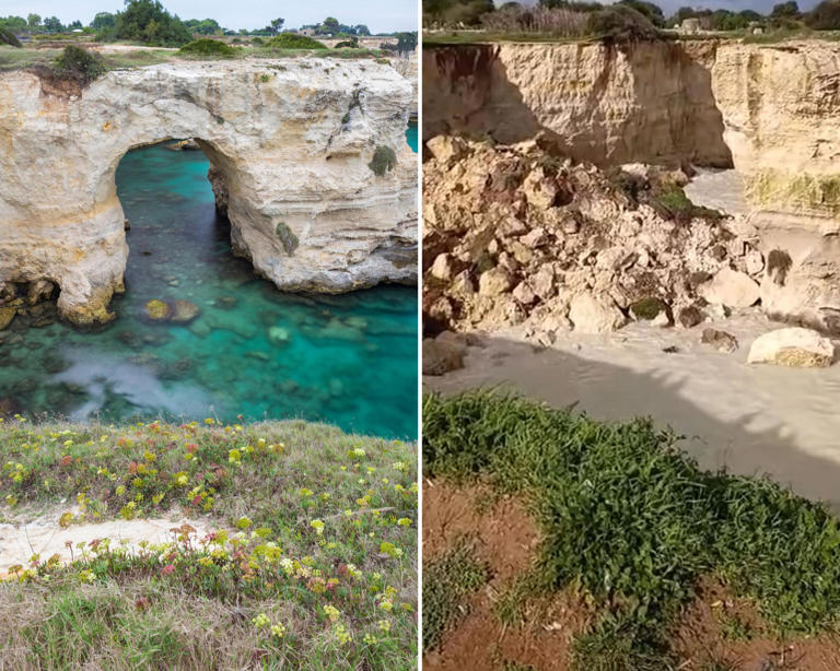 The natural rock formation at Sant’Andrea in Melendugno, left, and after its final collapse. Photograph: Alamy, Quotidiano di Puglia