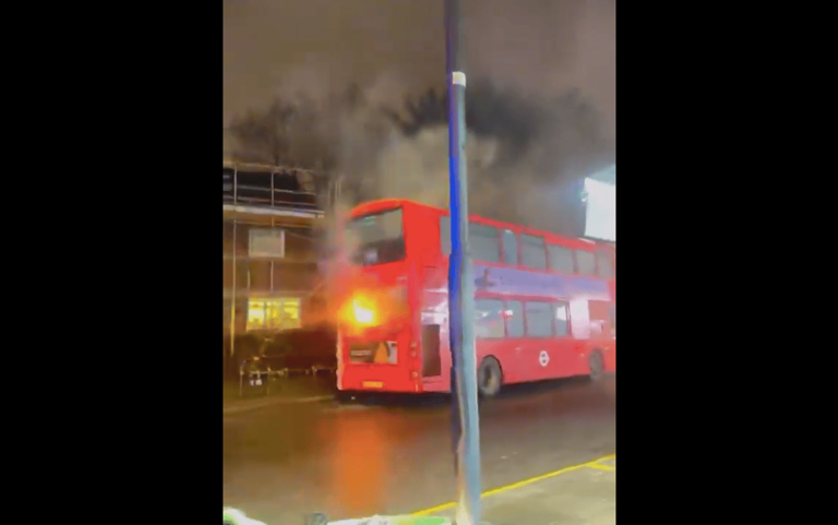 Dramatic footage shows smoke pouring from London bus on fire