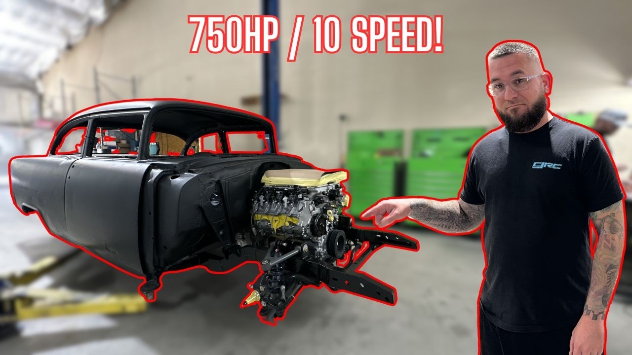 Mr. Sam's 55 dream build. Fitting chassis and installing engine & trans!