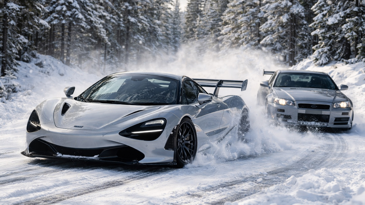 McLaren 720S and Nissan GTR drifting in snow
