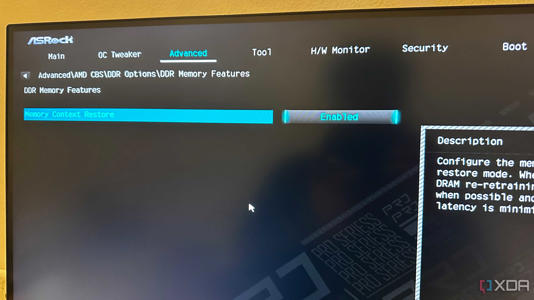 Memory context restore enable settings on an ASRock motherboard.
